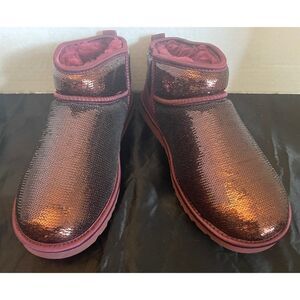 UGG Sequin Ankle Boots Burgundy With Plush Lining & Rubber Soles WMS SZ 10 NEW